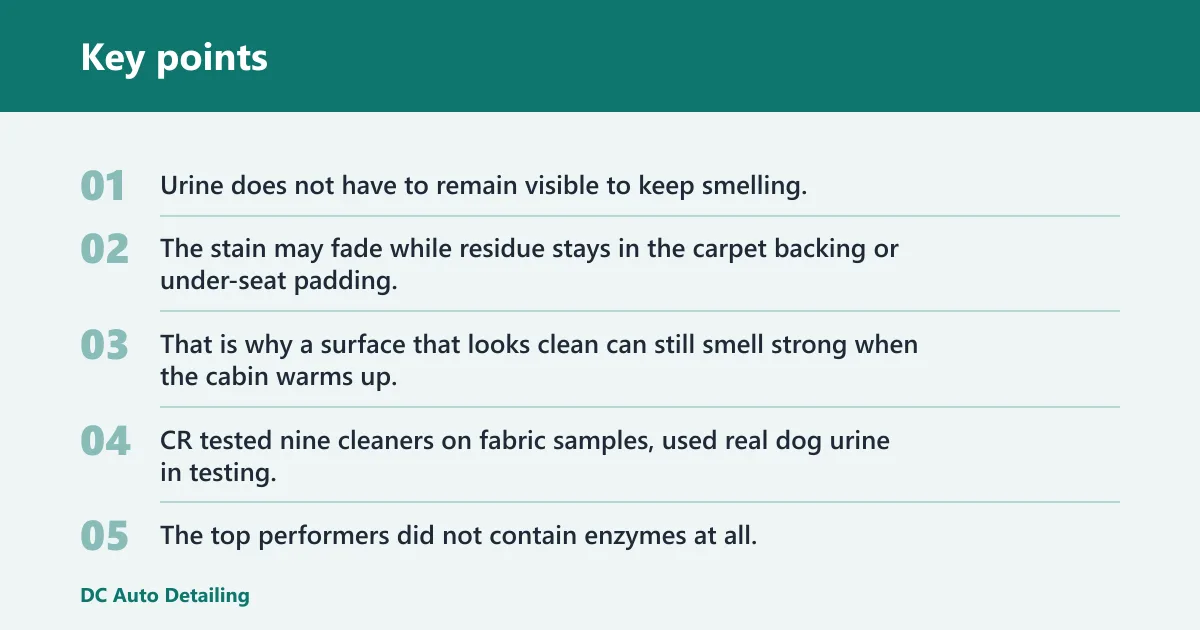 Key points: Does enzyme cleaner work on old pet urine in car carpet?